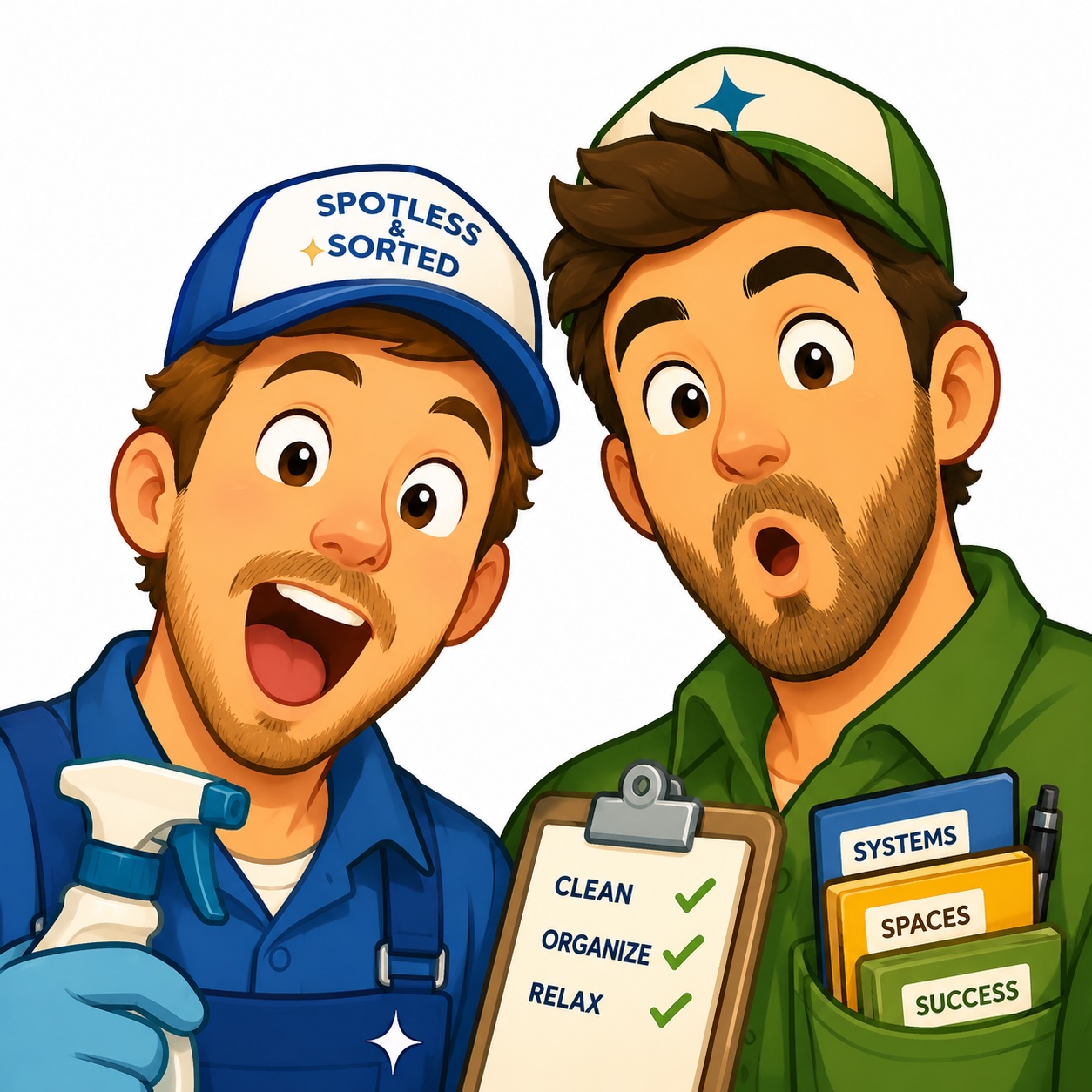 Illustration of two cheerful cleaning and organization consultants with a spray bottle and clipboard